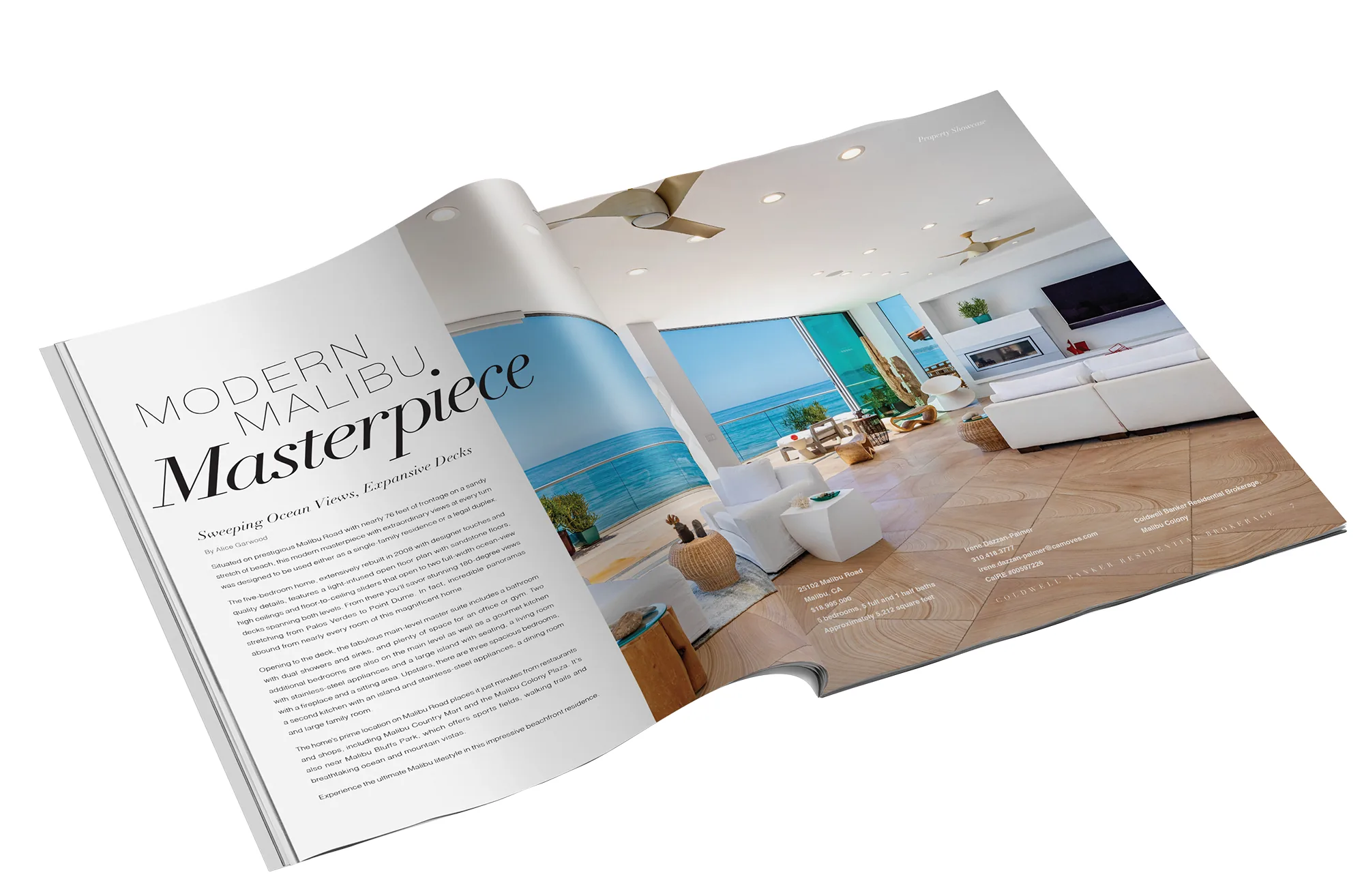 Modern Malibu Masterpiece spread with high-contrast editorial serif