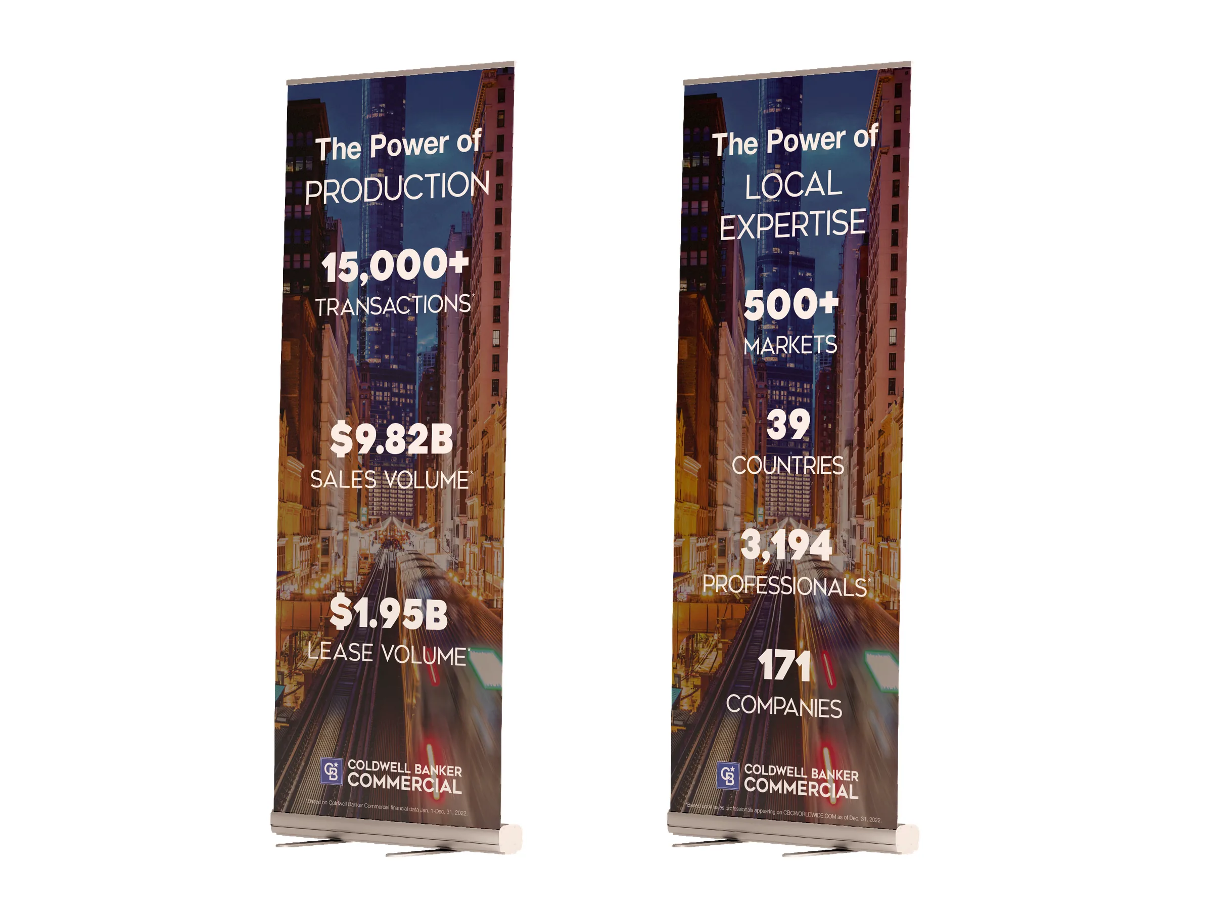 Stat pop-up banners · the power of production and local expertise