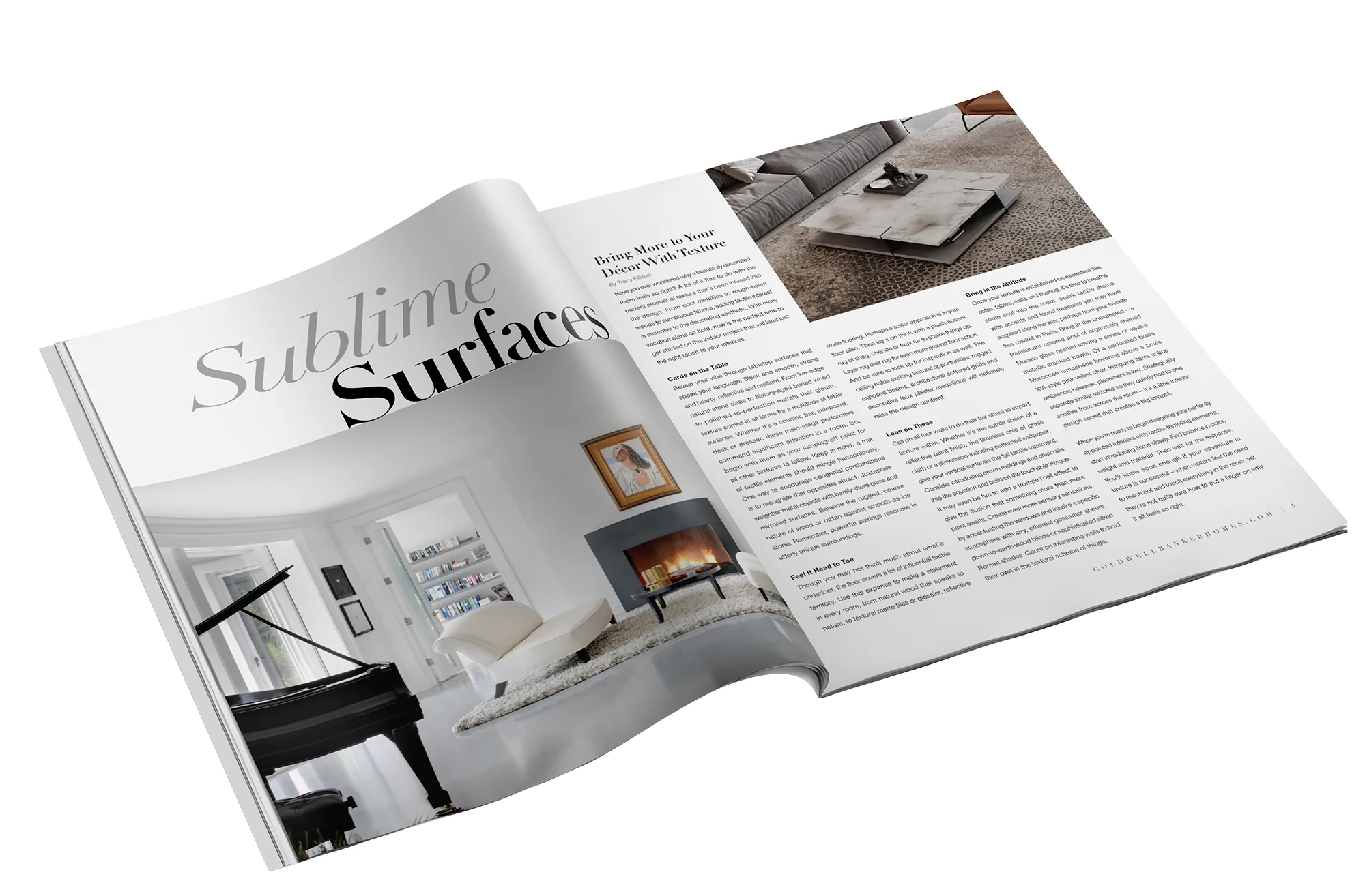 Sublime Surfaces lifestyle editorial spread with oversized italic serif
