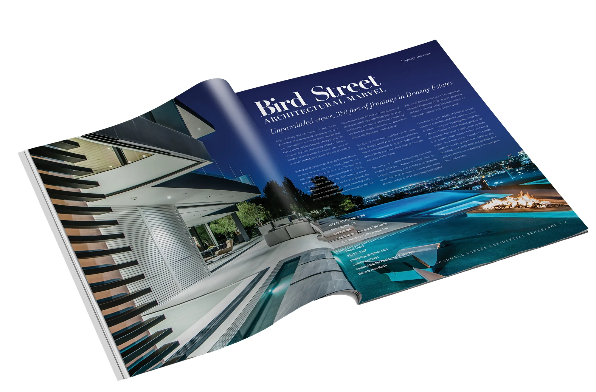 Bird Street architectural marvel · dark luxury spread over DTLA night views